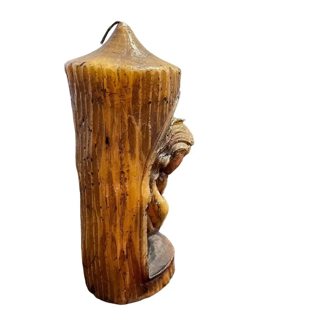 Madonna and Child Candle Carved Wax Vintage Catholic Wood Look Mid Century Jesus